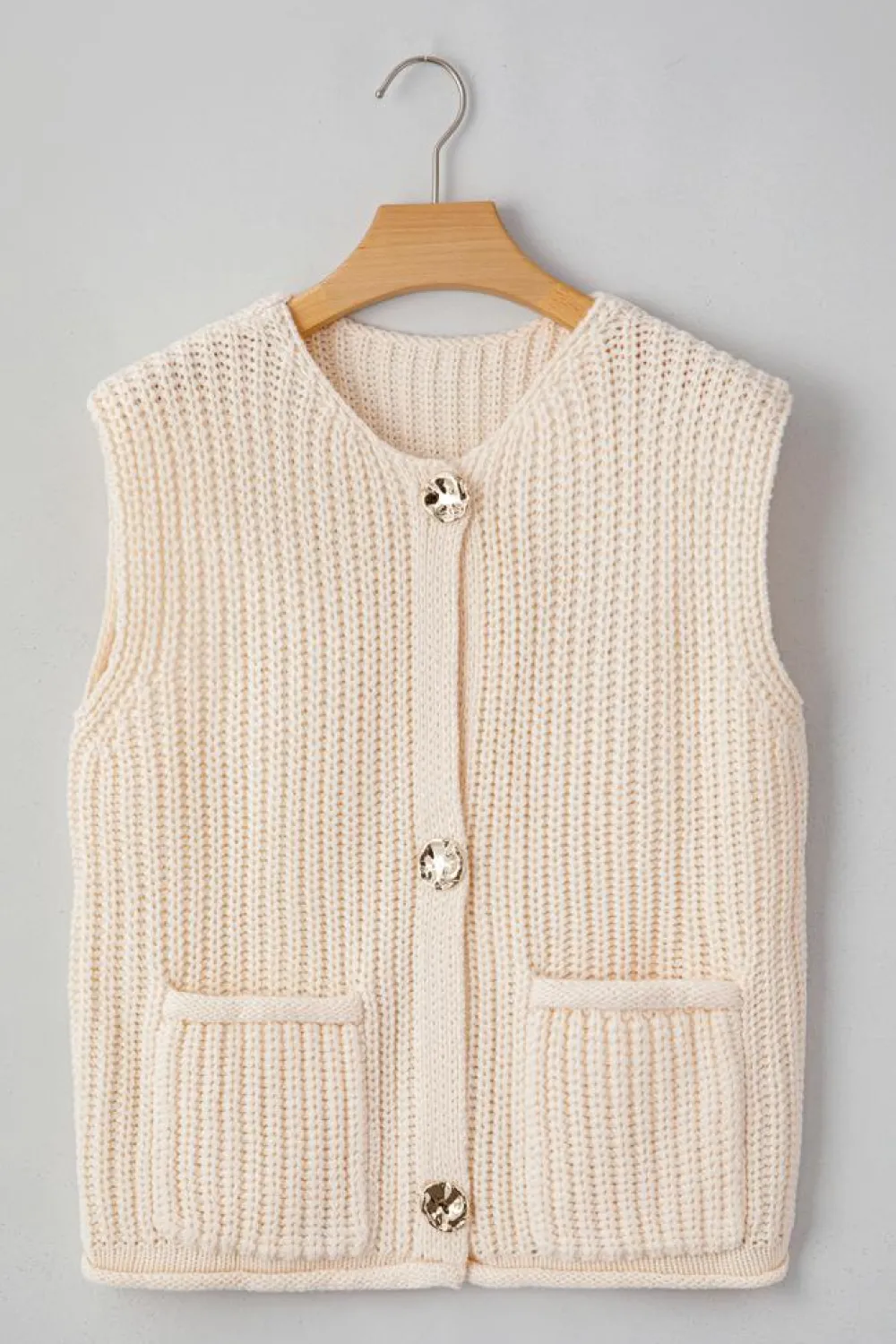 Discount Dear-Lover Solid Textured Knit Side Pockets Buttoned Sweater Vest White