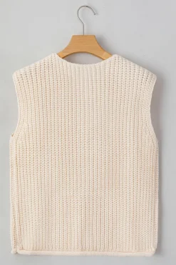 Discount Dear-Lover Solid Textured Knit Side Pockets Buttoned Sweater Vest White