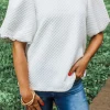 Fashion Dear-Lover Solid Textured O Neck Puff Sleeve Blouse White