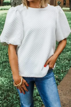 Fashion Dear-Lover Solid Textured O Neck Puff Sleeve Blouse White