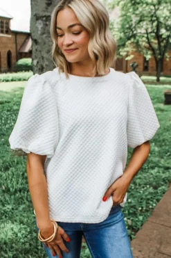 Fashion Dear-Lover Solid Textured O Neck Puff Sleeve Blouse White