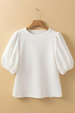 Fashion Dear-Lover Solid Textured O Neck Puff Sleeve Blouse White