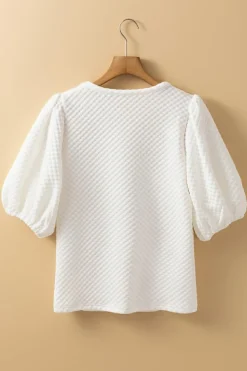 Fashion Dear-Lover Solid Textured O Neck Puff Sleeve Blouse White