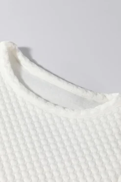Fashion Dear-Lover Solid Textured O Neck Puff Sleeve Blouse White