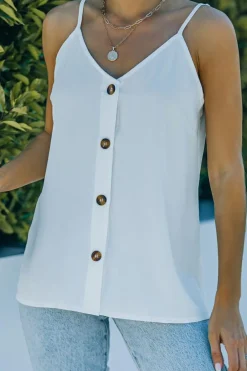 Sale Dear-Lover Spaghetti Strap Buttoned Tank Top White