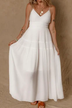 Sale Dear-Lover Spaghetti Straps High Waist Elegant Long Dress White