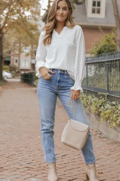Hot Dear-Lover Split Neck Textured Loose Blouse White
