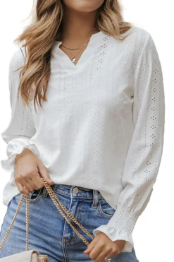 Hot Dear-Lover Split Neck Textured Loose Blouse White