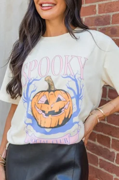 Discount Dear-Lover SPOOKY Pumpkin Print Round Neck Halloween T Shirt White