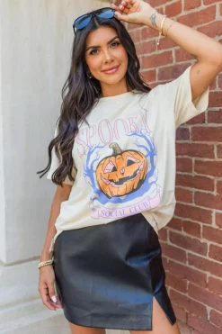 Discount Dear-Lover SPOOKY Pumpkin Print Round Neck Halloween T Shirt White