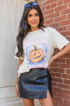 Discount Dear-Lover SPOOKY Pumpkin Print Round Neck Halloween T Shirt White