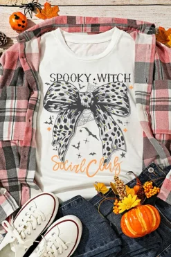 Best Dear-Lover SPOOKY WITCH Leopard Bowknot Bat Graphic Halloween T Shirt White