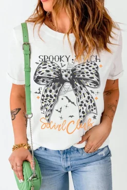 Best Dear-Lover SPOOKY WITCH Leopard Bowknot Bat Graphic Halloween T Shirt White