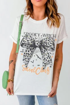 Best Dear-Lover SPOOKY WITCH Leopard Bowknot Bat Graphic Halloween T Shirt White
