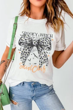 Best Dear-Lover SPOOKY WITCH Leopard Bowknot Bat Graphic Halloween T Shirt White