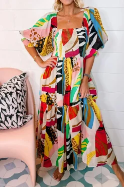 Best Dear-Lover Square Neck Smocked Abstract Print Boho Maxi Dress White