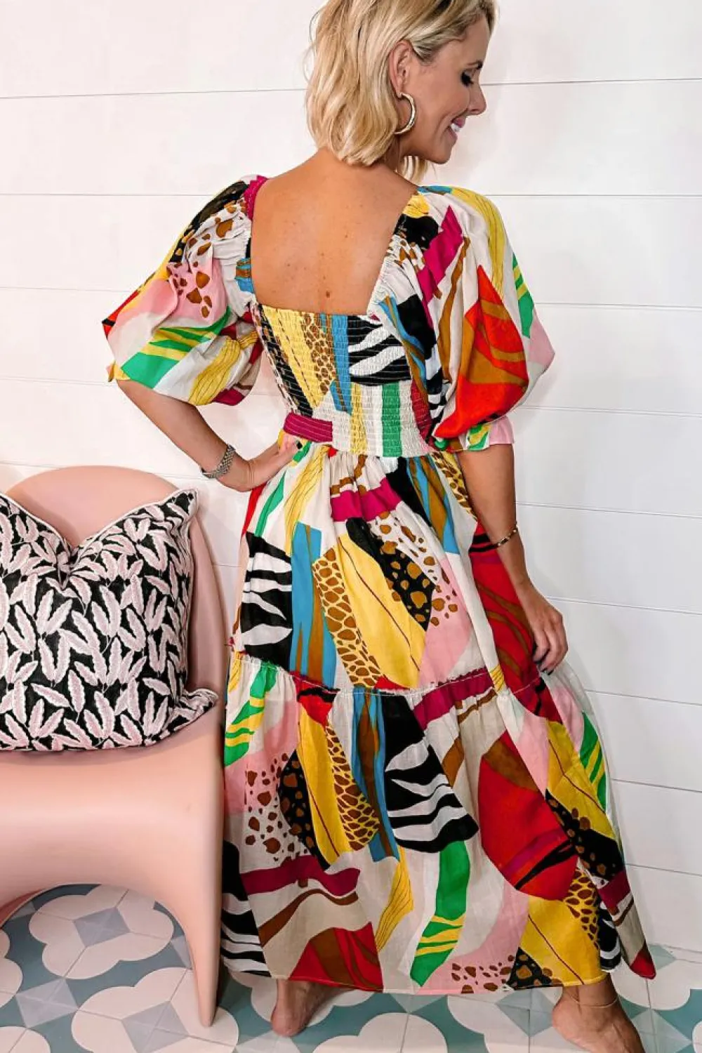 Best Dear-Lover Square Neck Smocked Abstract Print Boho Maxi Dress White