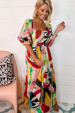 Best Dear-Lover Square Neck Smocked Abstract Print Boho Maxi Dress White