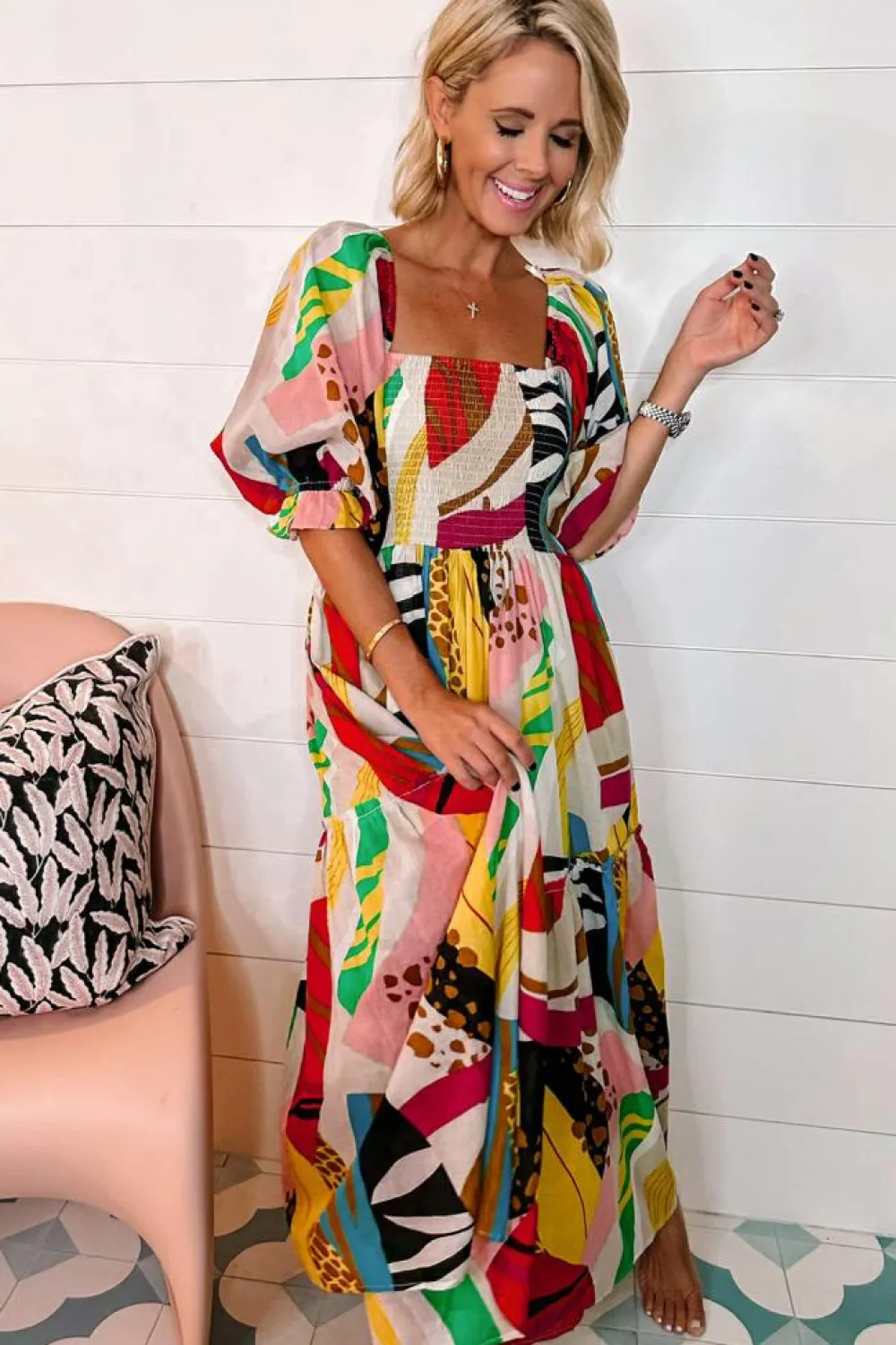 Best Dear-Lover Square Neck Smocked Abstract Print Boho Maxi Dress White