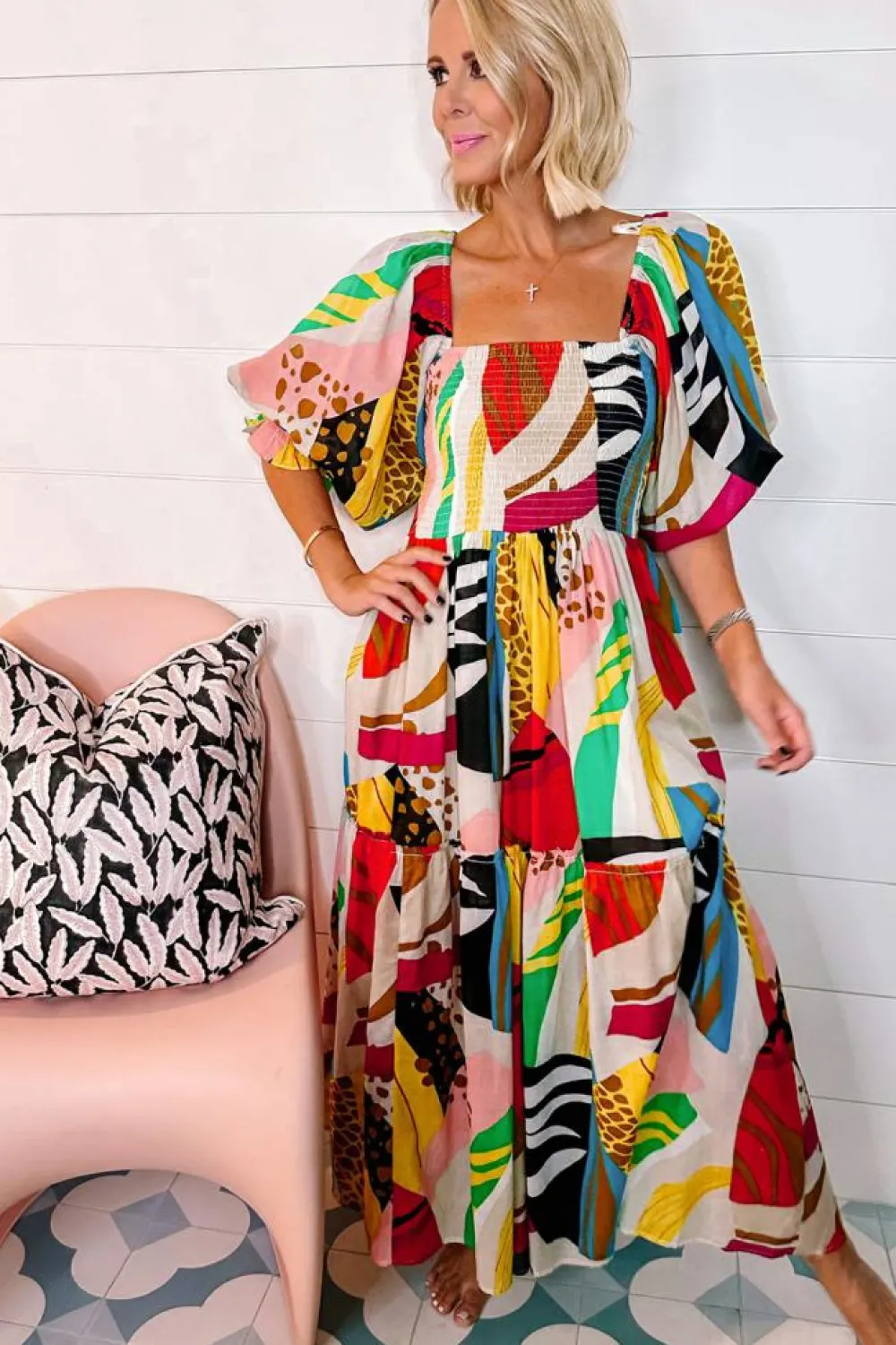 Best Dear-Lover Square Neck Smocked Abstract Print Boho Maxi Dress White