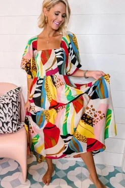 Best Dear-Lover Square Neck Smocked Abstract Print Boho Maxi Dress White
