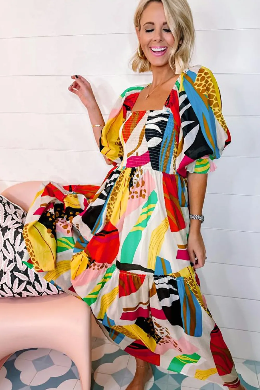 Best Dear-Lover Square Neck Smocked Abstract Print Boho Maxi Dress White