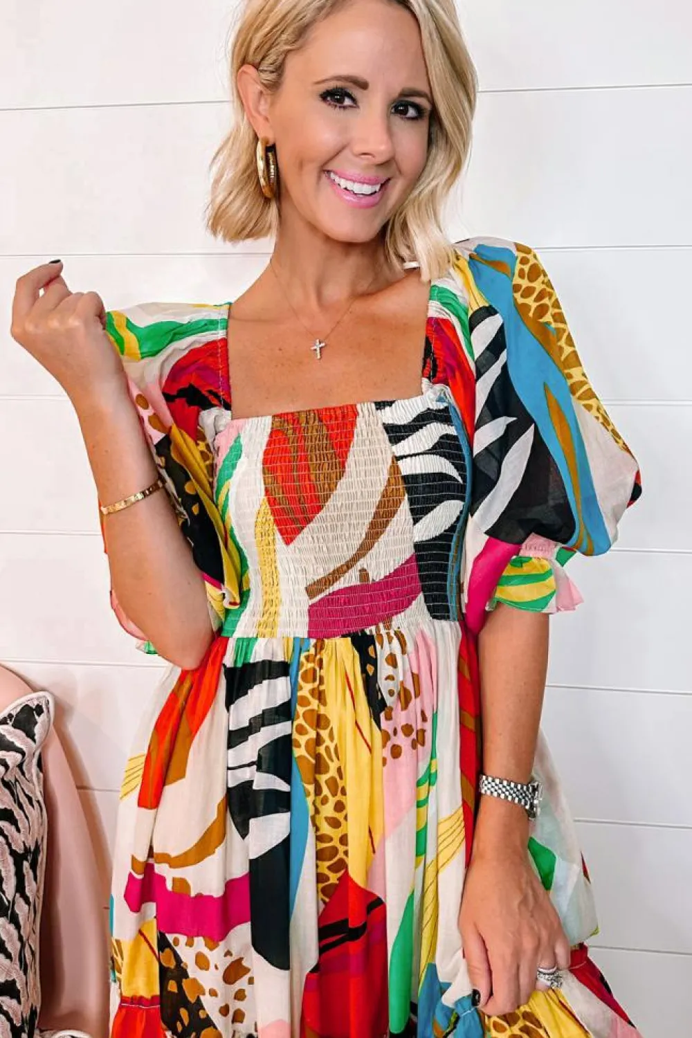 Best Dear-Lover Square Neck Smocked Abstract Print Boho Maxi Dress White