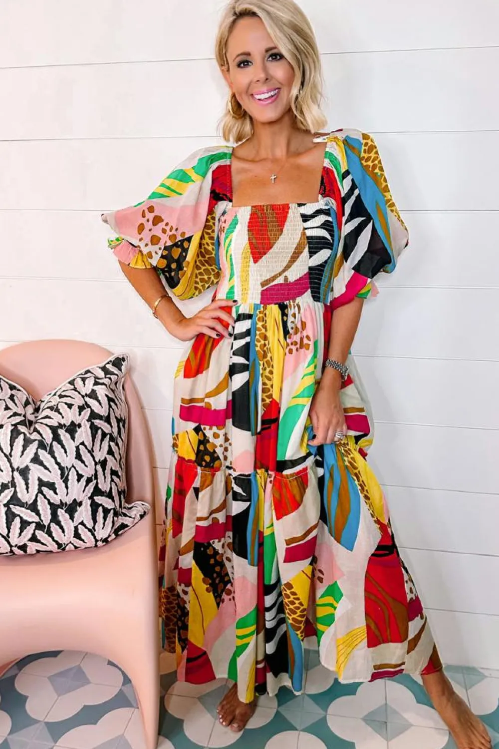 Best Dear-Lover Square Neck Smocked Abstract Print Boho Maxi Dress White