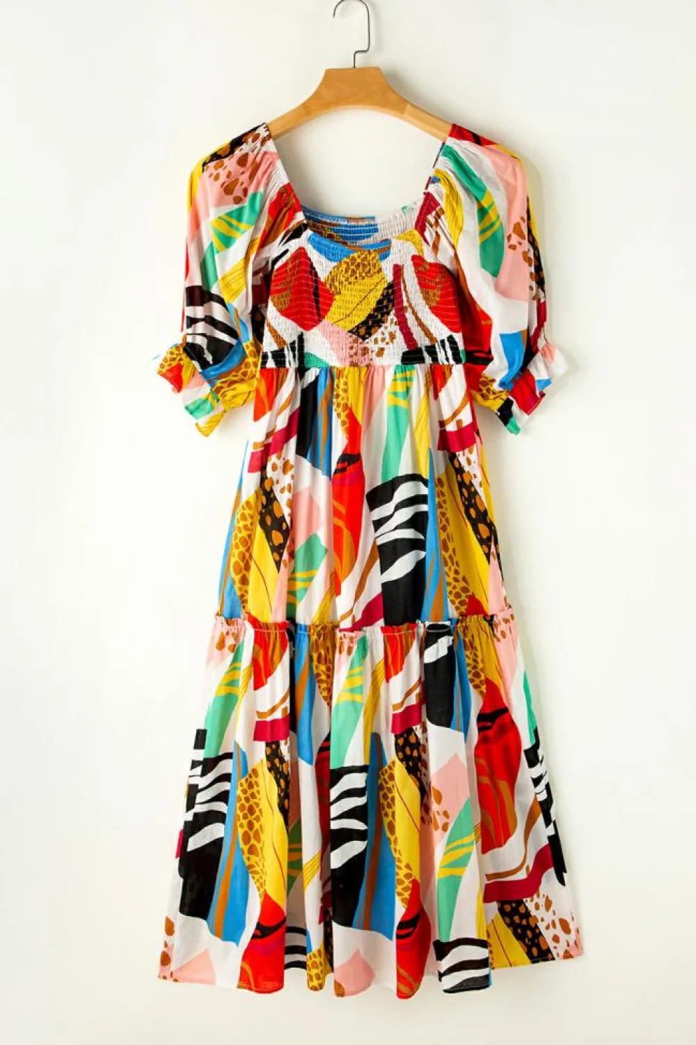 Best Dear-Lover Square Neck Smocked Abstract Print Boho Maxi Dress White