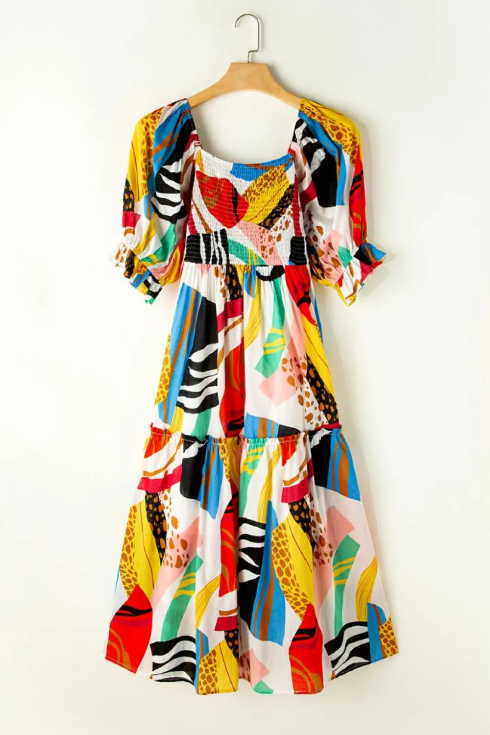 Best Dear-Lover Square Neck Smocked Abstract Print Boho Maxi Dress White