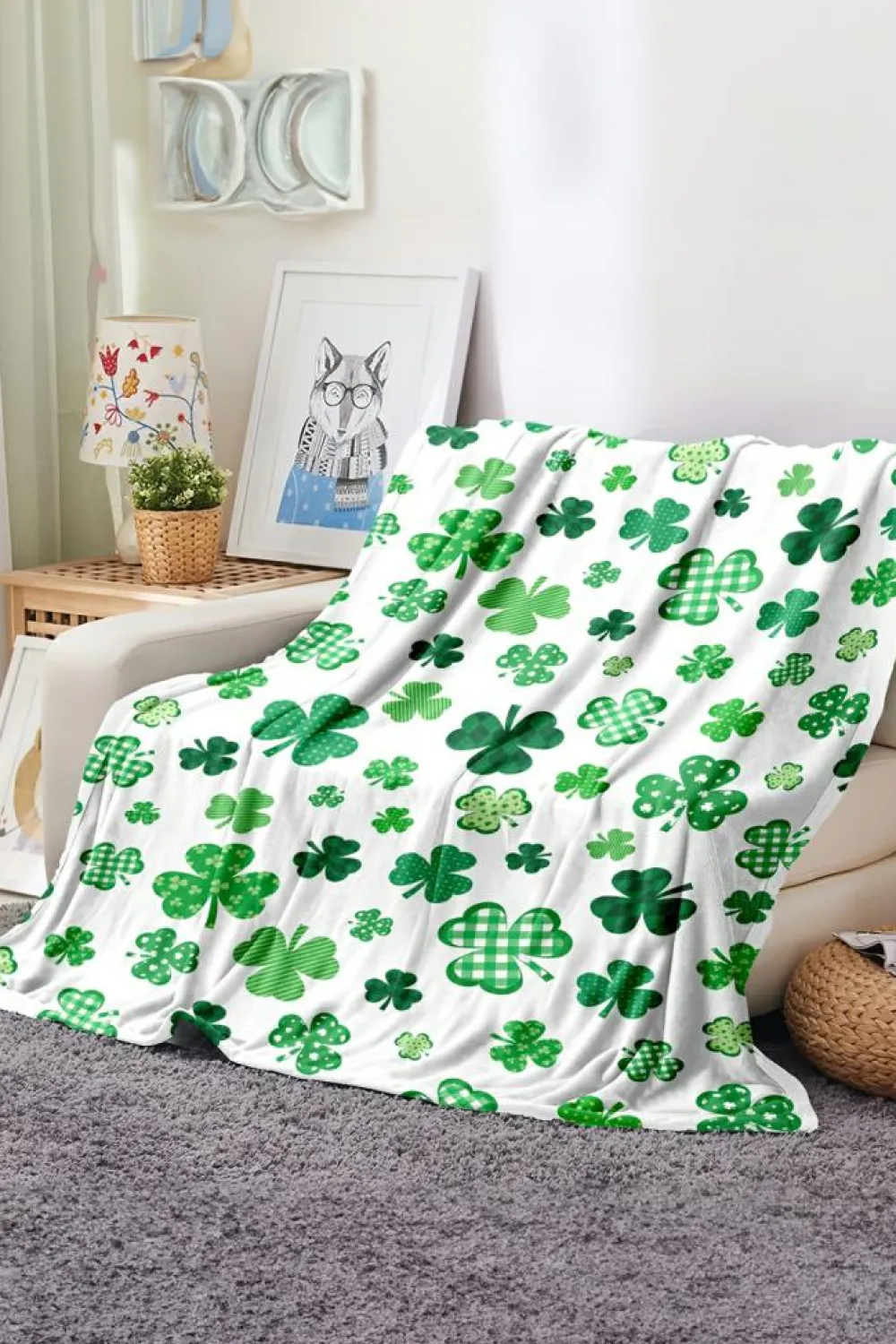 Discount Dear-Lover St. Patrick Clover Print Nap Blanket 130*150cm White