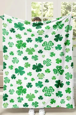 Discount Dear-Lover St. Patrick Clover Print Nap Blanket 130*150cm White