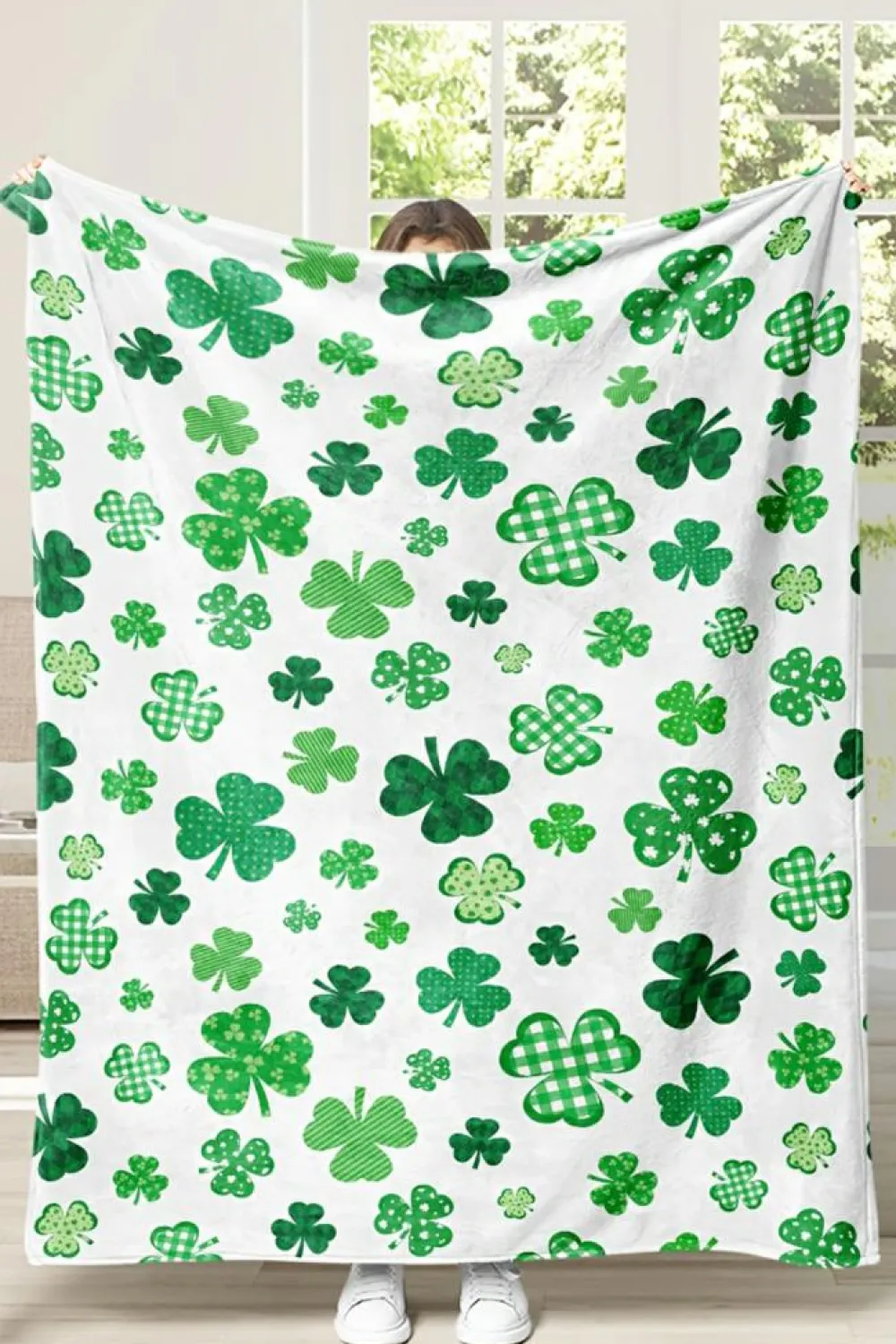 Discount Dear-Lover St. Patrick Clover Print Nap Blanket 130*150cm White
