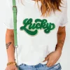 Fashion Dear-Lover St. Patrick Lucky Chenille Glitter Patched Graphic T Shirt White