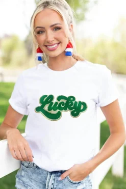 Fashion Dear-Lover St. Patrick Lucky Chenille Glitter Patched Graphic T Shirt White