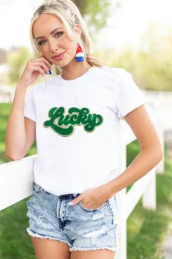 Fashion Dear-Lover St. Patrick Lucky Chenille Glitter Patched Graphic T Shirt White