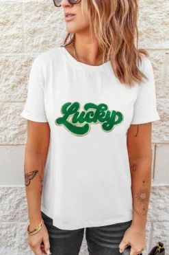Fashion Dear-Lover St. Patrick Lucky Chenille Glitter Patched Graphic T Shirt White