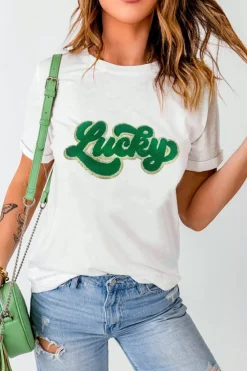 Fashion Dear-Lover St. Patrick Lucky Chenille Glitter Patched Graphic T Shirt White
