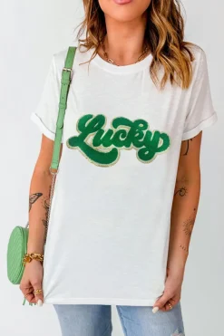 Fashion Dear-Lover St. Patrick Lucky Chenille Glitter Patched Graphic T Shirt White