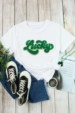 Fashion Dear-Lover St. Patrick Lucky Chenille Glitter Patched Graphic T Shirt White