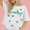 Clearance Dear-Lover St Patrick Lucky Clover Sequin Graphic T Shirt White
