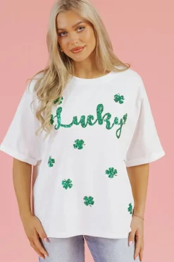 Clearance Dear-Lover St Patrick Lucky Clover Sequin Graphic T Shirt White
