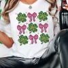 Hot Dear-Lover St Patrick Shamrock Bowknot Printed Crewneck Tee White
