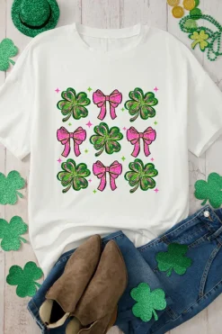 Hot Dear-Lover St Patrick Shamrock Bowknot Printed Crewneck Tee White