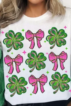 Hot Dear-Lover St Patrick Shamrock Bowknot Printed Crewneck Tee White