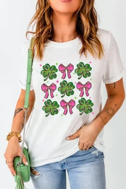 Hot Dear-Lover St Patrick Shamrock Bowknot Printed Crewneck Tee White