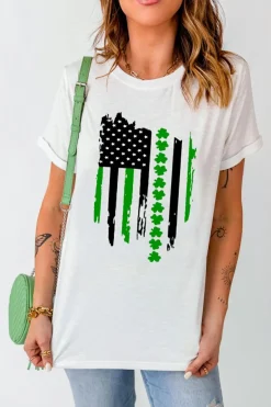 Sale Dear-Lover St. Patricks Clover American Flag Print Crewneck Tee White