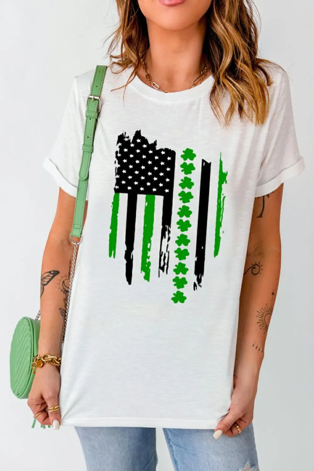 Sale Dear-Lover St. Patricks Clover American Flag Print Crewneck Tee White
