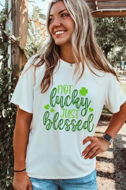 Fashion Dear-Lover St Patricks Not Luck Just Blessed Graphic T-shirt White