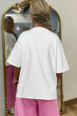 New Dear-Lover Star Layered Patched Graphic Drop Shoulder Half Sleeve Loose Tee White